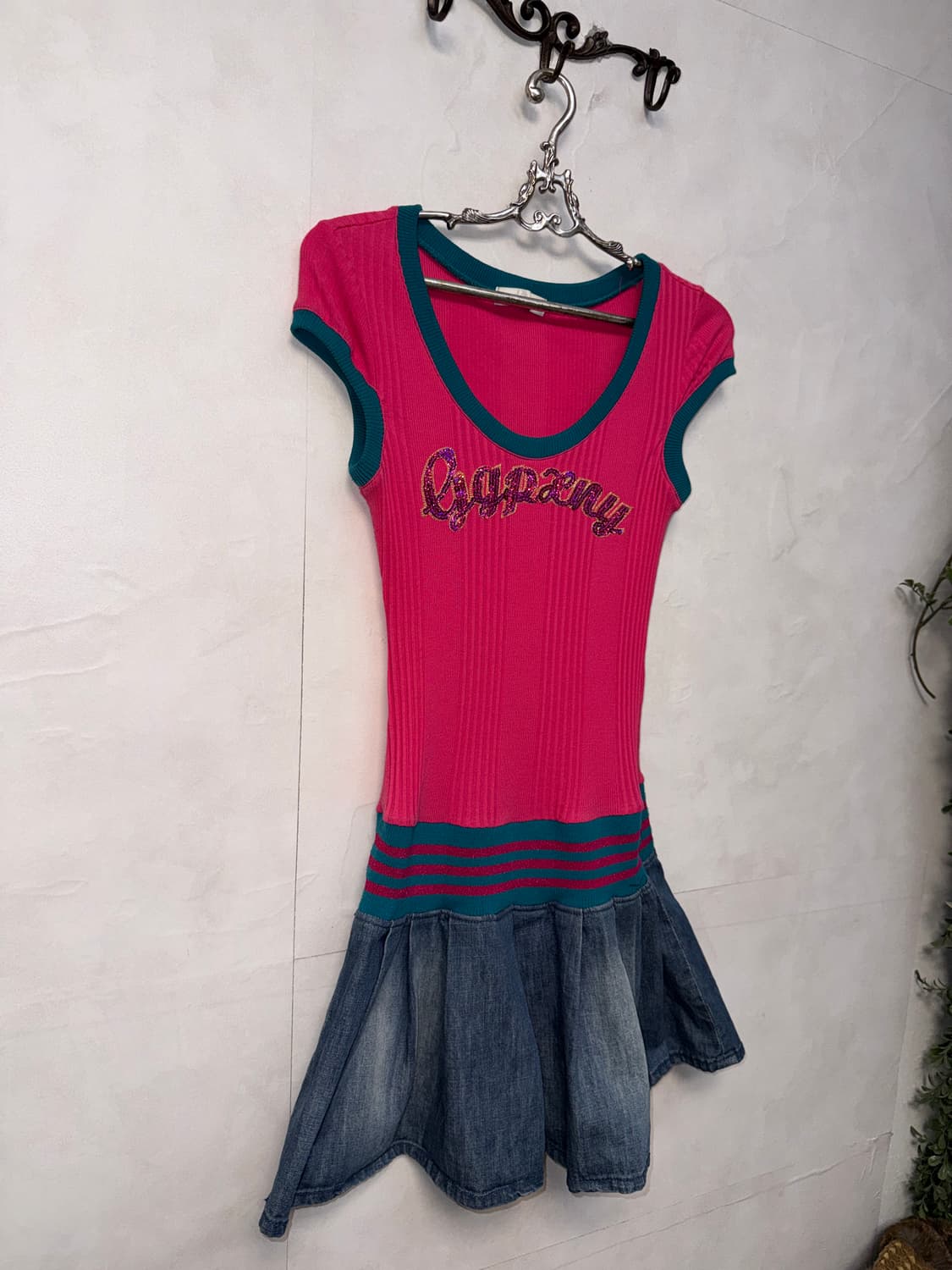 GGPX pink glitter denim pleats ops 상품이미지6