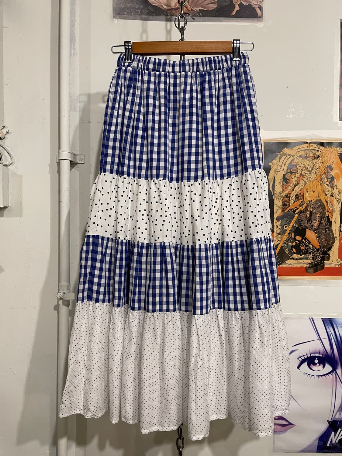 블루 체크 도트 패치워크 롱스커트 모리 상품이미지6
