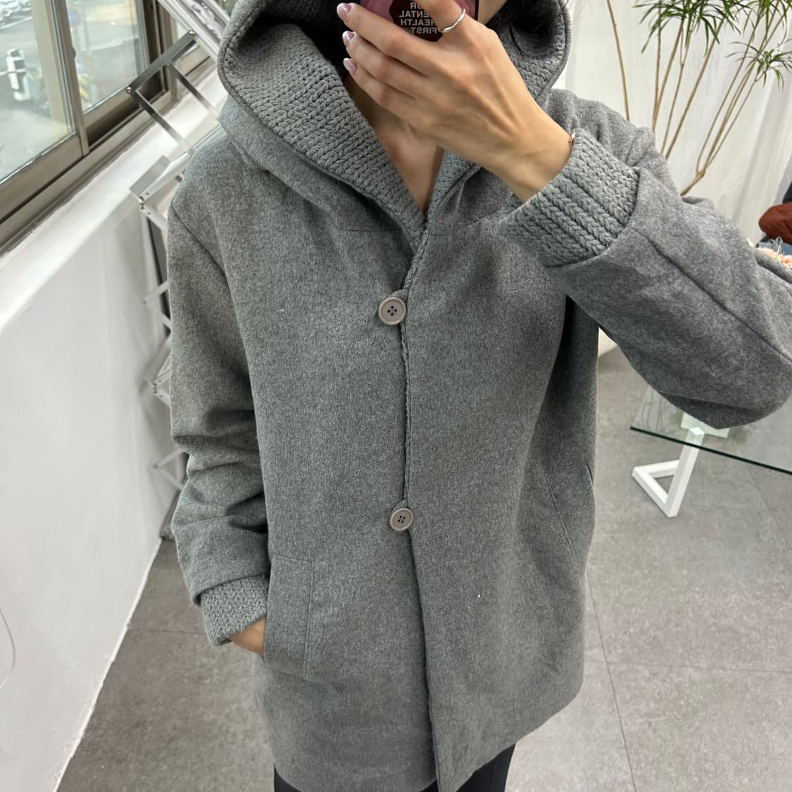 RA DO DA 니트 후드 배색 그레이 코트 상품이미지3