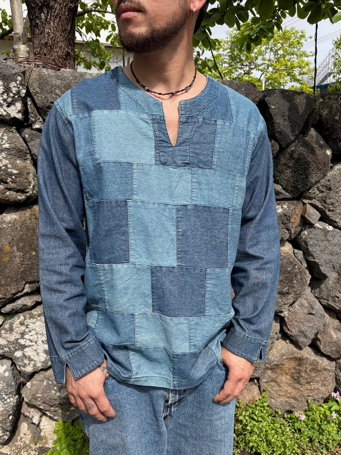 일본 캐주얼 빈티지 패치워크 데님 튜닉 셔츠/롱슬리브 (캐피탈st) 상품이미지2