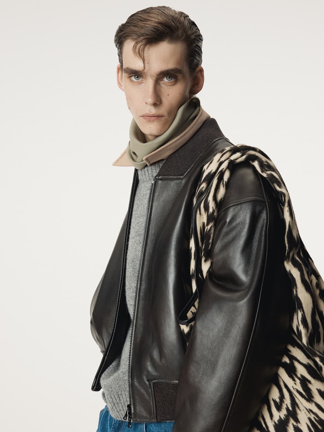 [L] 렉토 빈티지 이펙트 레더 가죽 봄버 블루종 자켓 상품이미지1