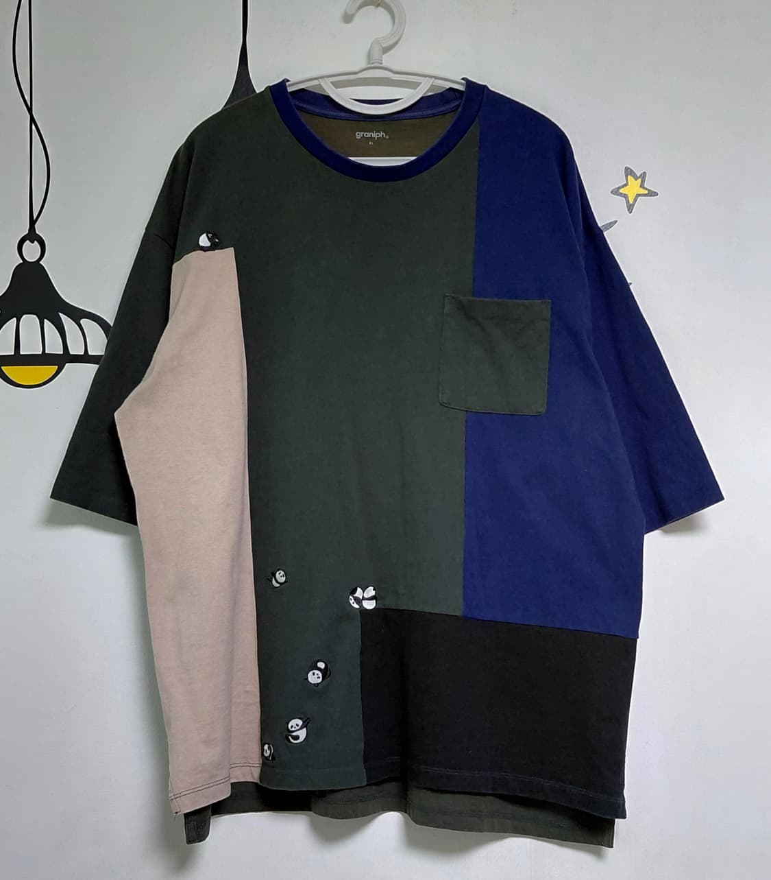 [XL] 그라니프(graniph) 판다 자수 컬러 배색 포켓 반팔 티셔츠 상품이미지1