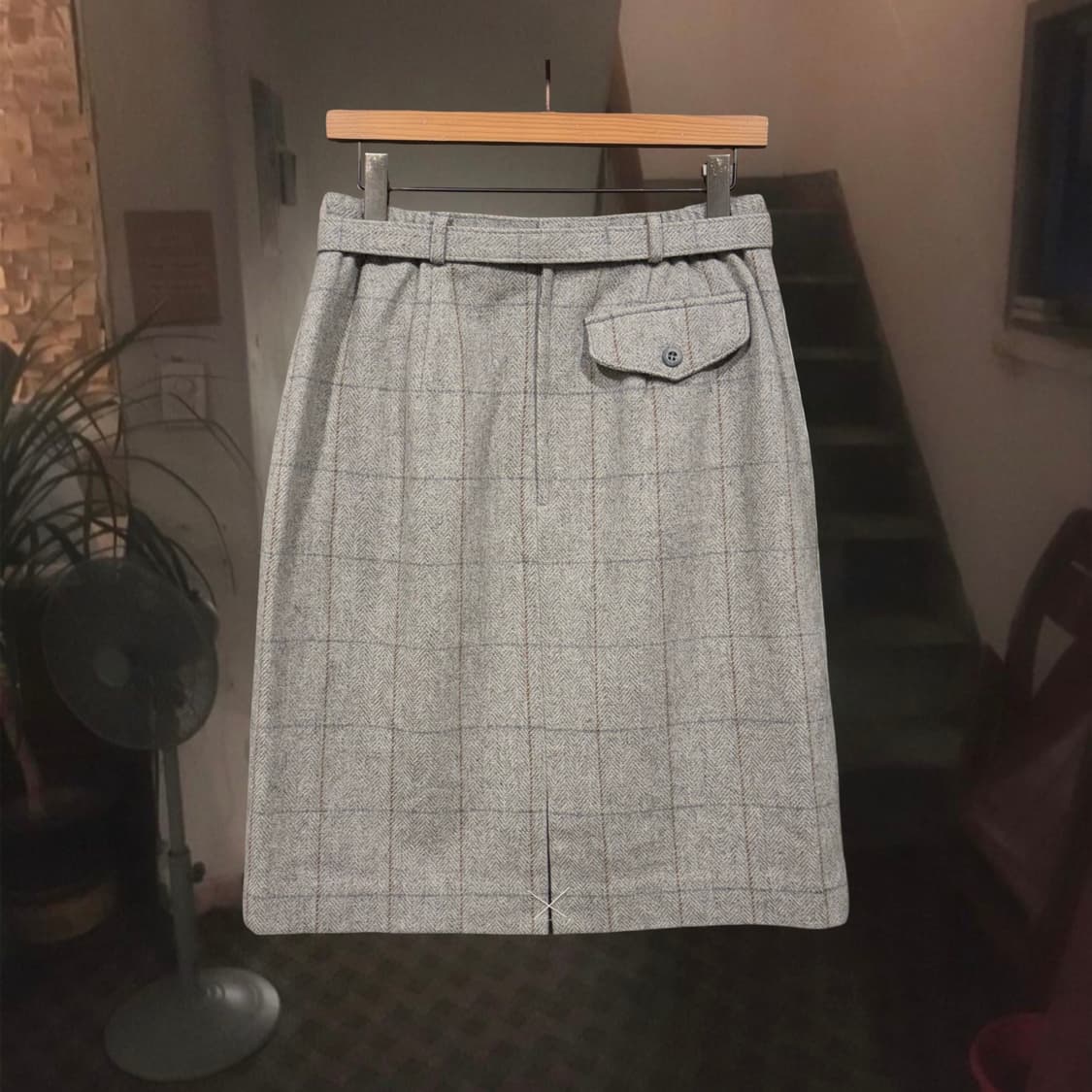 일본 빈티지 그레이 체크 벨티드 울 미디 스커트 상품이미지2