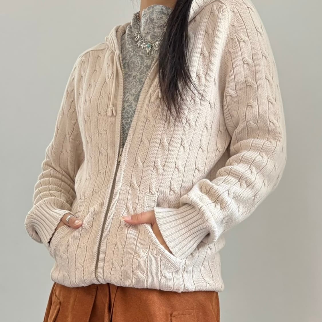 꽈배기 니트 후드 집업 상품이미지2