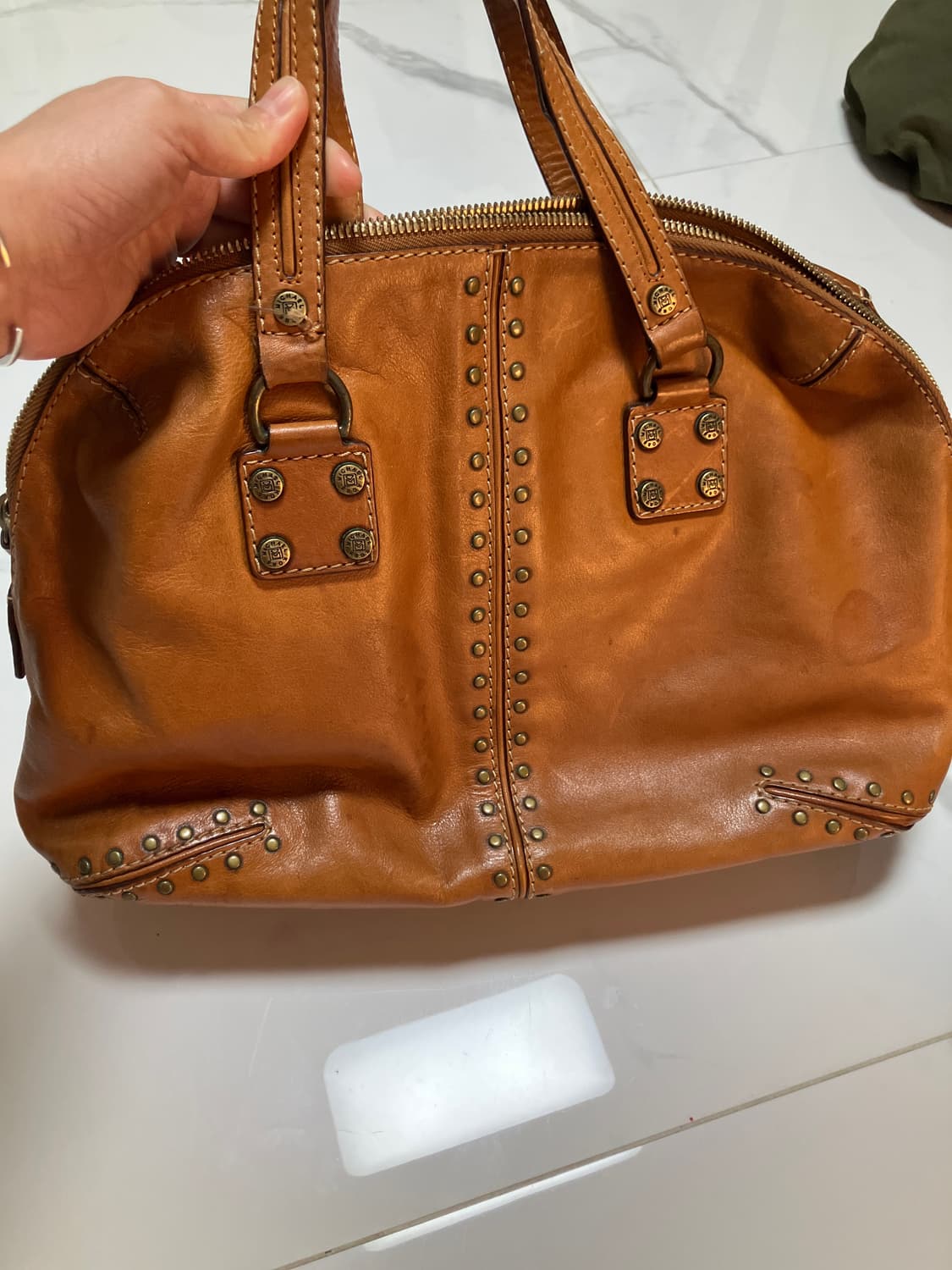 Y2K 빈티지 astor 미디움 스터드 보스턴백 브라운 토트백 상품이미지4