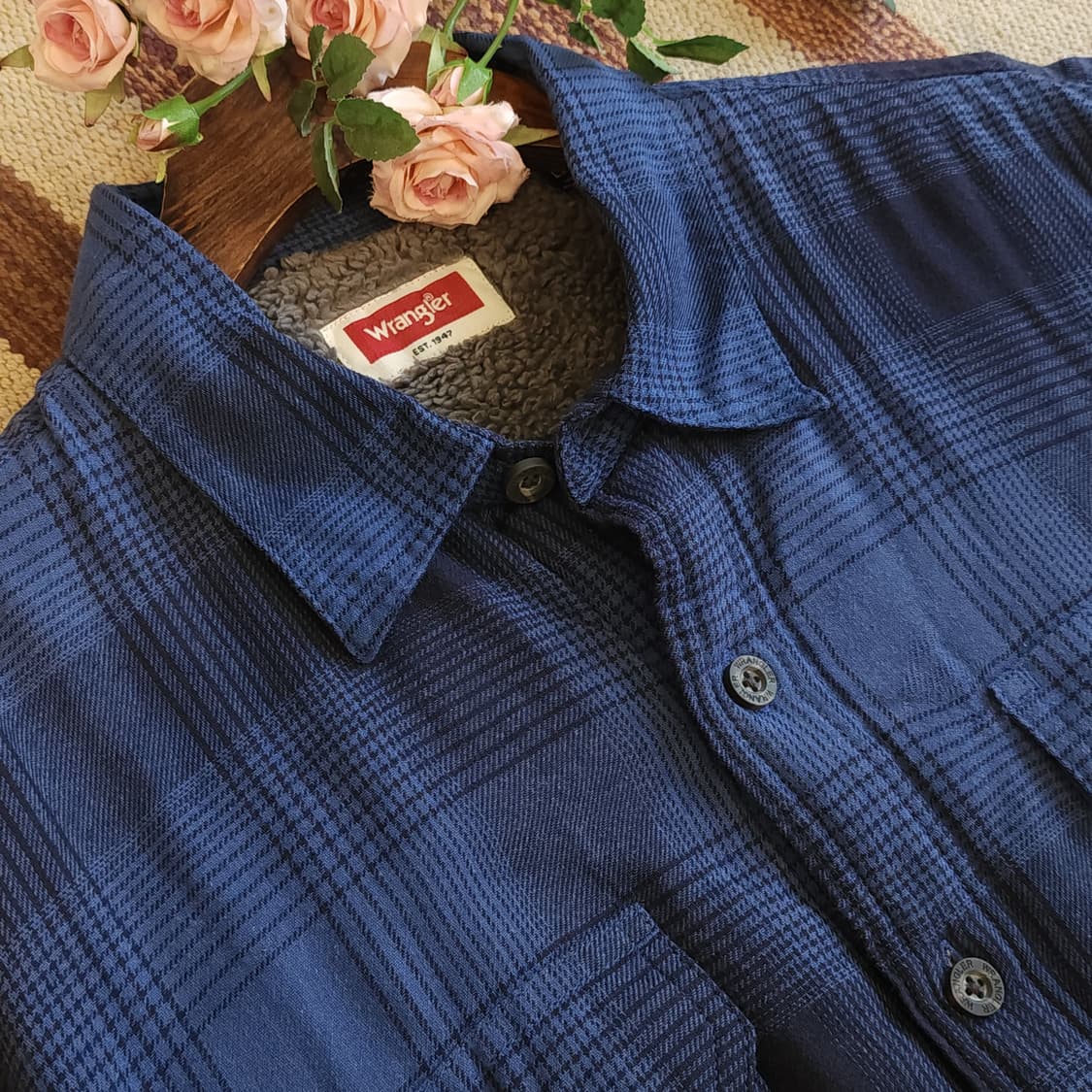 00s 랭글러 웨스턴 셔츠 플란넬 체크셔츠 쉐르파 양털 자켓 블루 L 상품이미지9