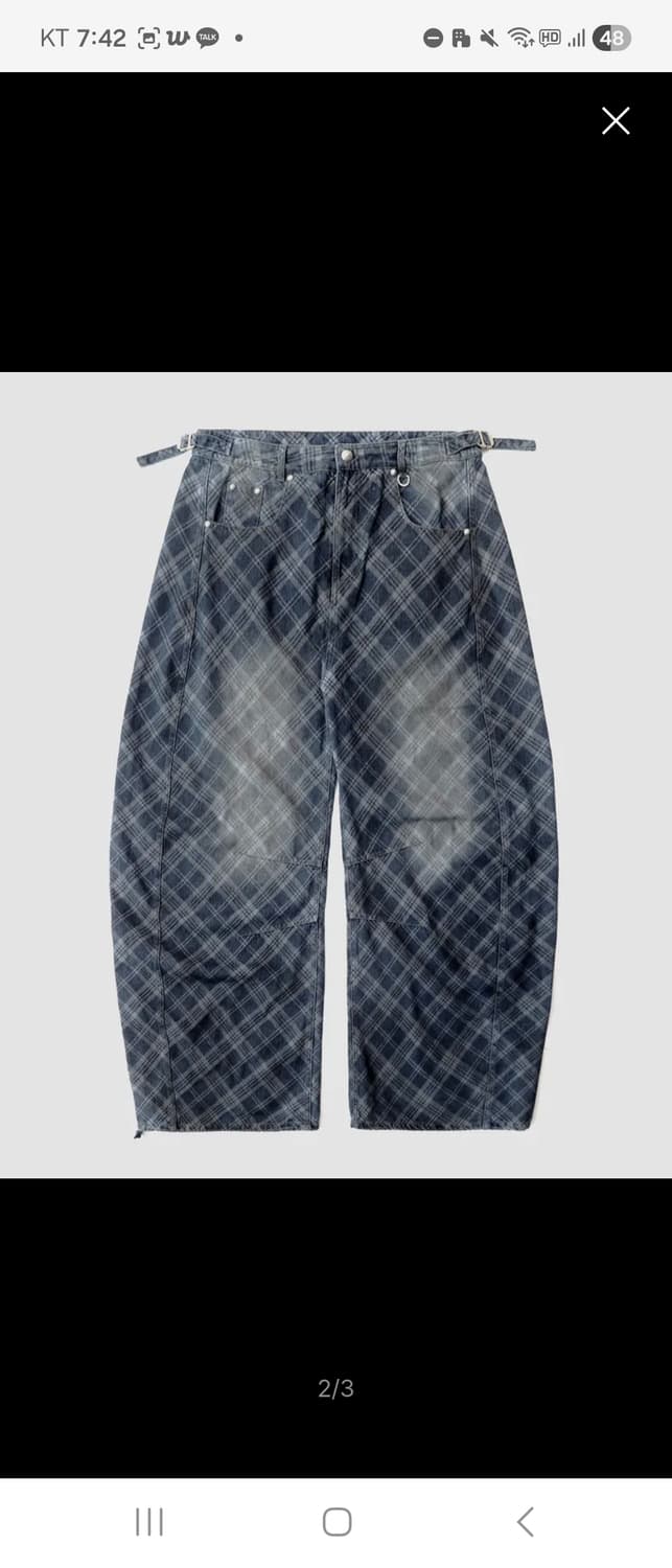 구해요)배드블러드 라이온 패치 워시드 배럴 팬츠-블루 데님 체크 상품이미지2