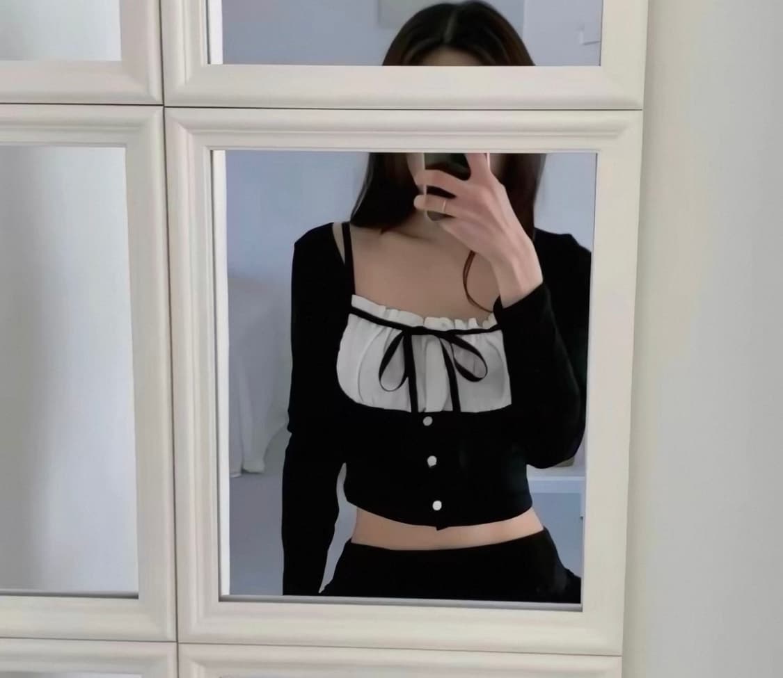 로걀탑 블랙 셔링 블라우스 리본 빈티지 갸루 공겜 롱 슬리브 상품이미지3