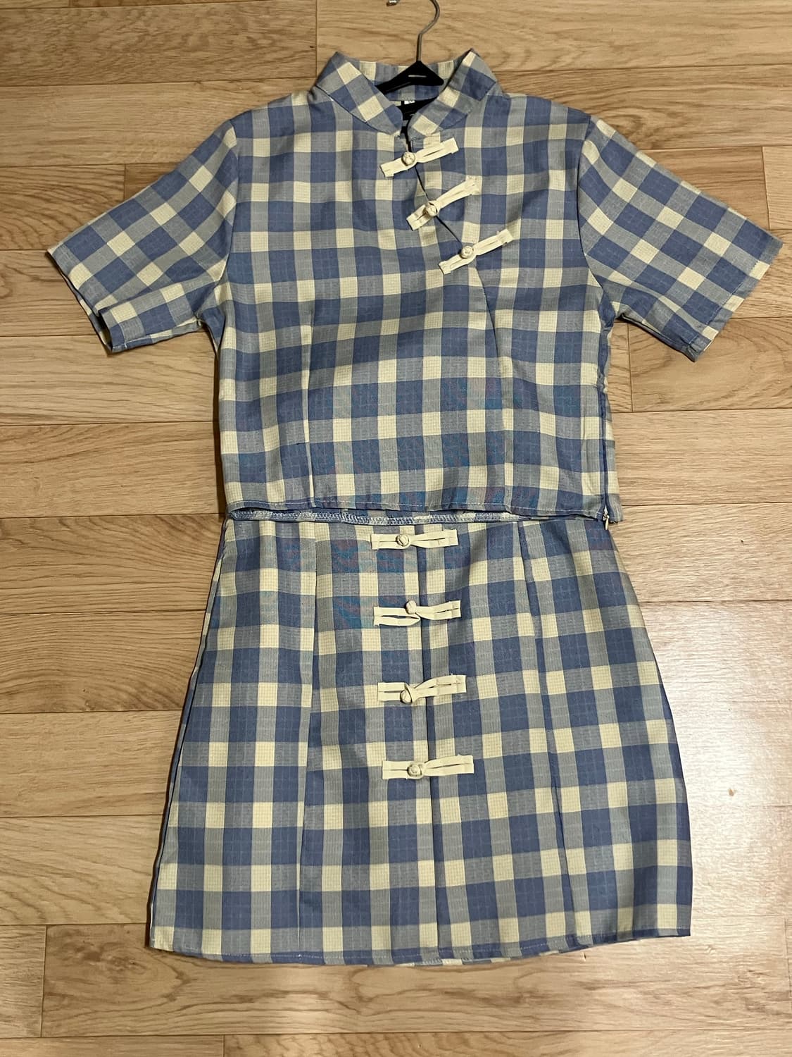 체크 차이나 카라 투피스 셋업 상품이미지1