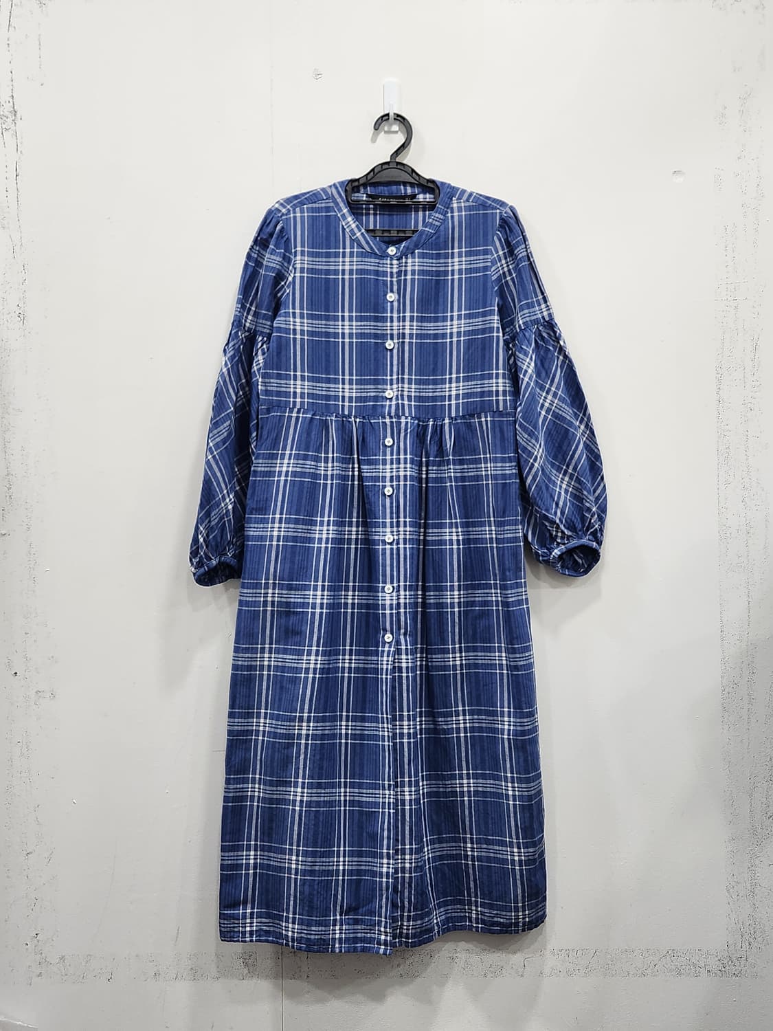 [S] 자라 린넨 블루 체크 롱원피스 벌룬 소매 상품이미지1