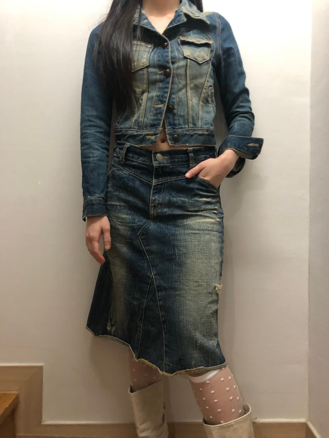 빈티지 데님 옐로우 워싱 크롭 자켓 상품이미지3