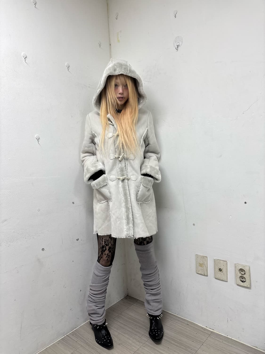 White&Grey Fur Over-Size Hoodie Coat 상품이미지1