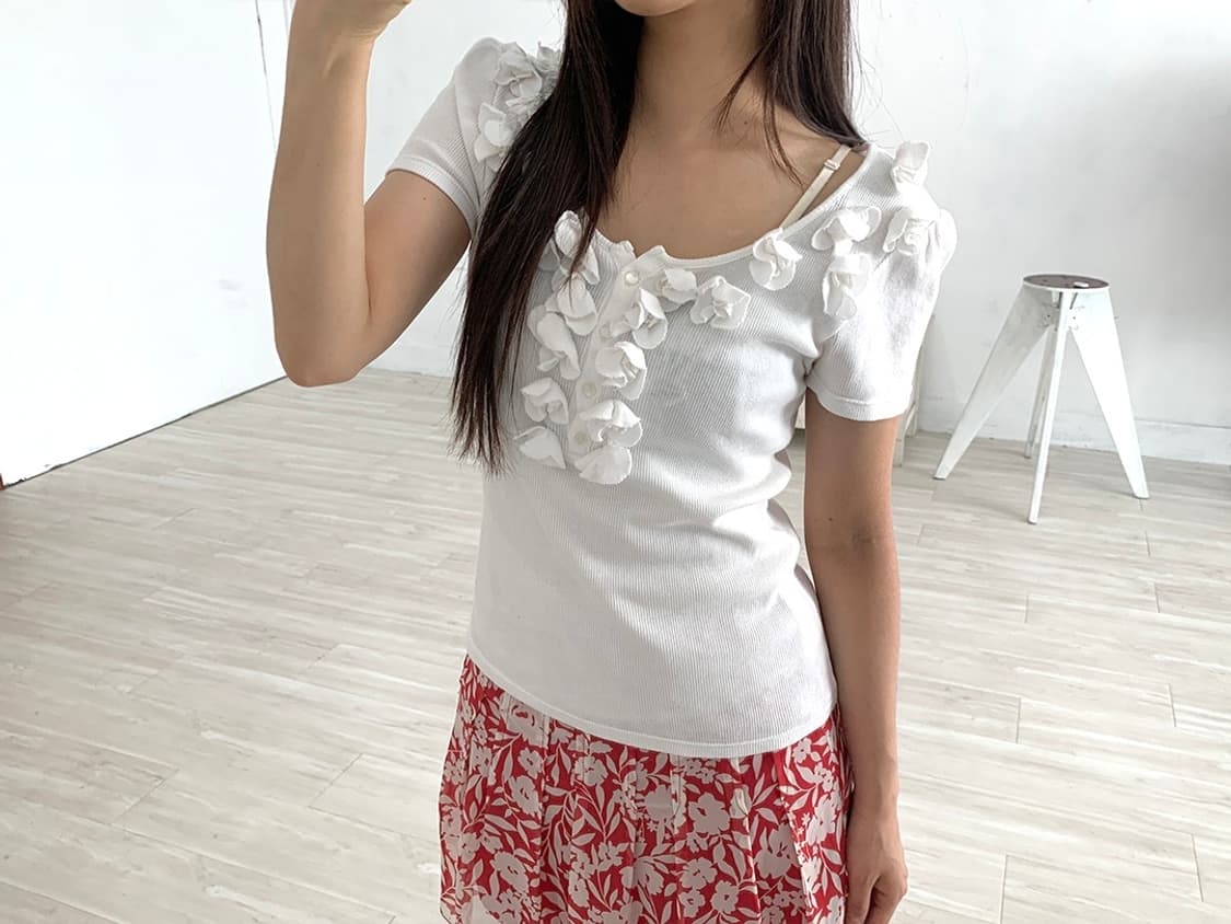 White Lovely Ribbed Short Sleeve Top 상품이미지1