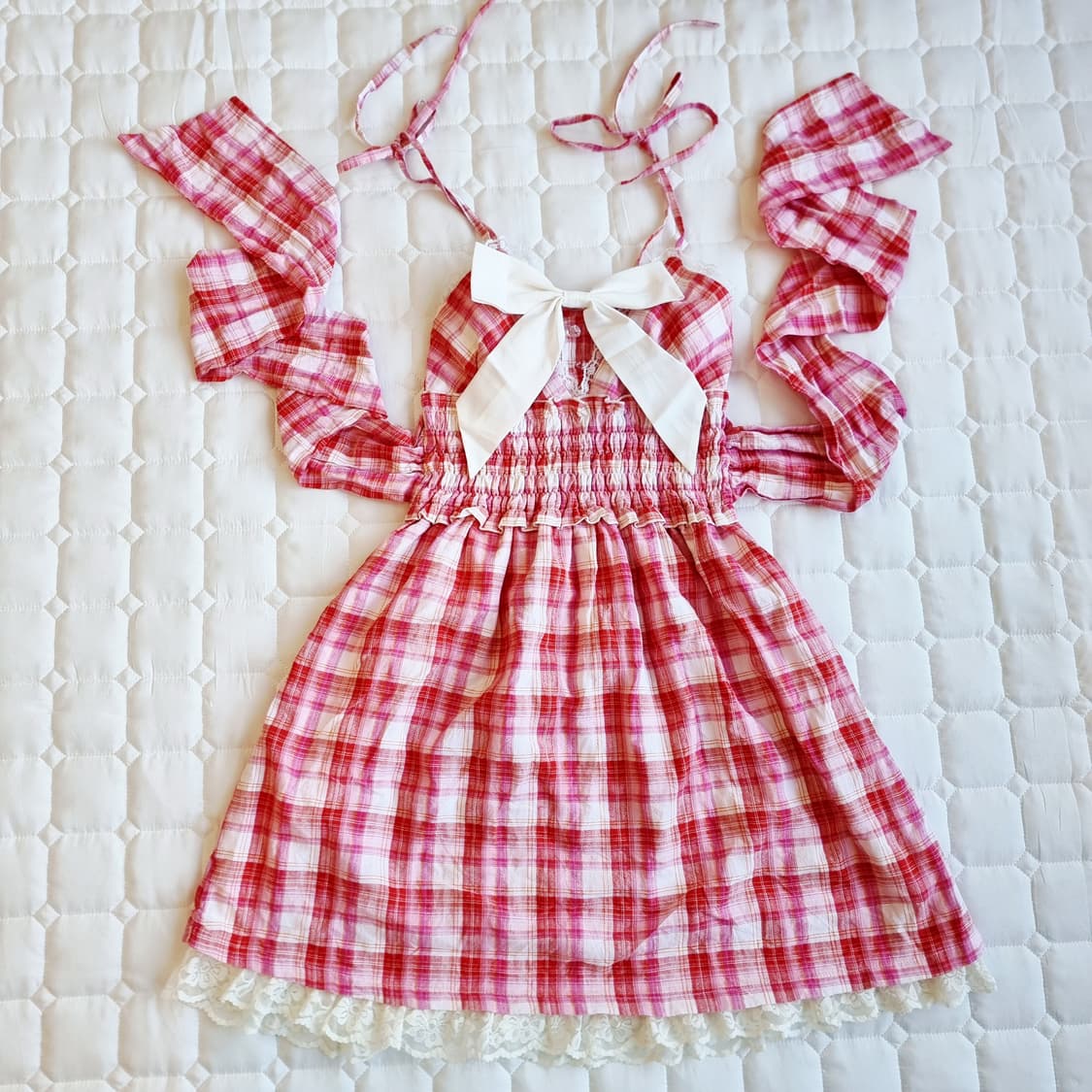 Tralala 트랄라라 딸기잼 체크 레이스 리본 원피스 상품이미지6