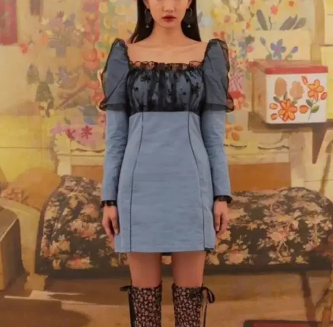 Oct.3 옥토버써드 Mesh Shirred Puff Sleeve Dre 상품이미지2