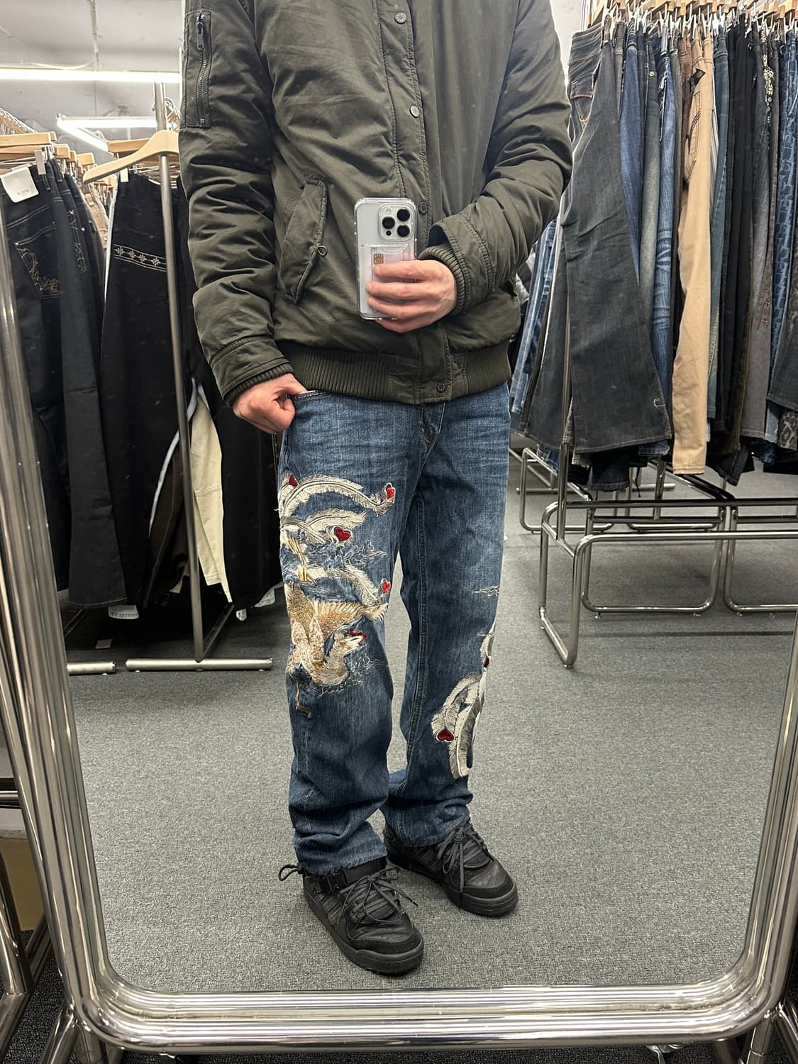 32) 카라쿠리 타마시 봉황 자수 오리엔탈 데님팬츠 상품이미지1