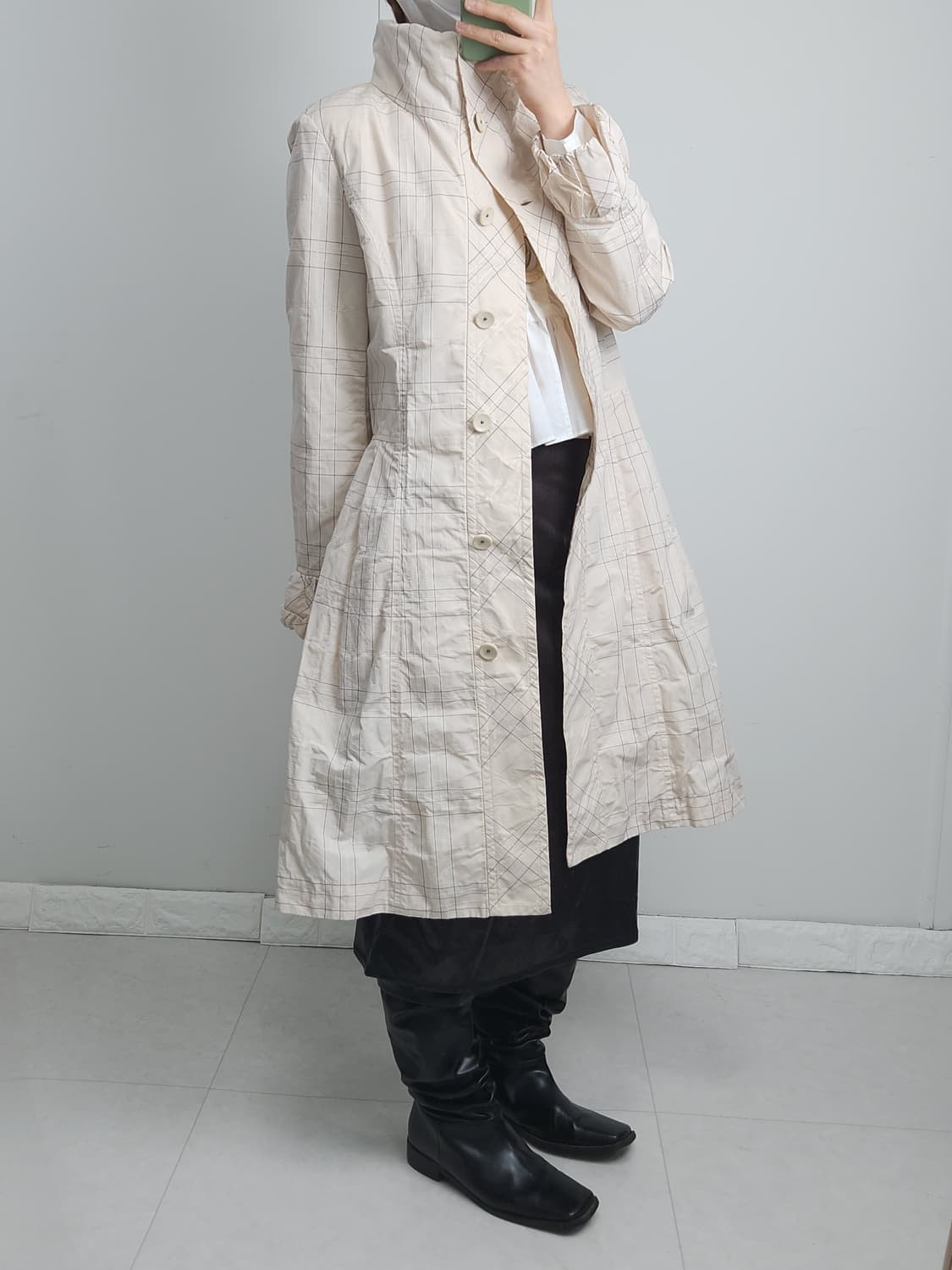 (Hiroko Bis)체크 스티치 롱 자켓 상품이미지5