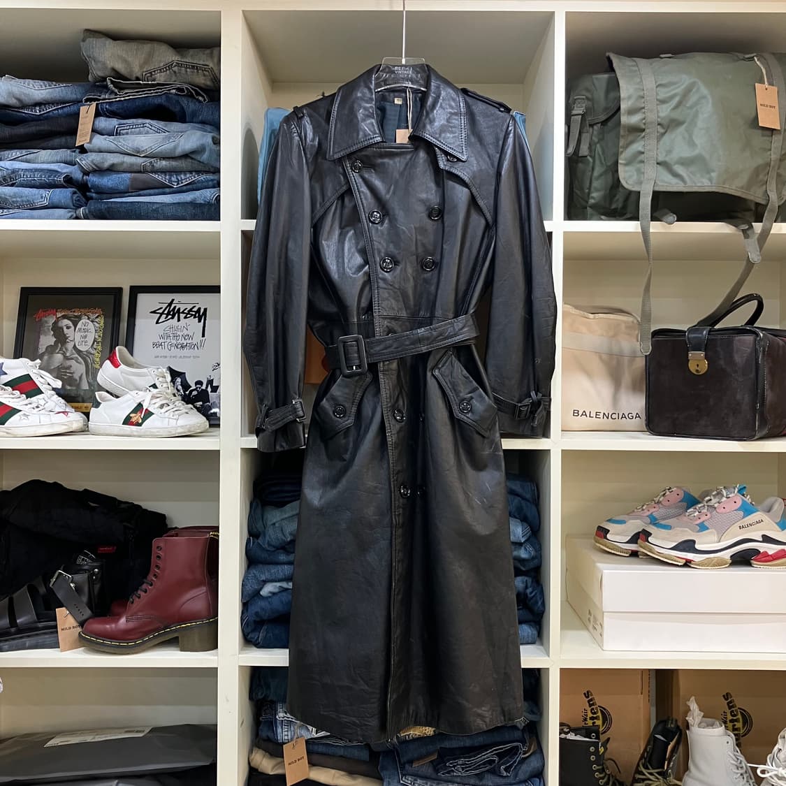 VTG 빈티지 블랙 레더 트렌치 코트 L 상품이미지1