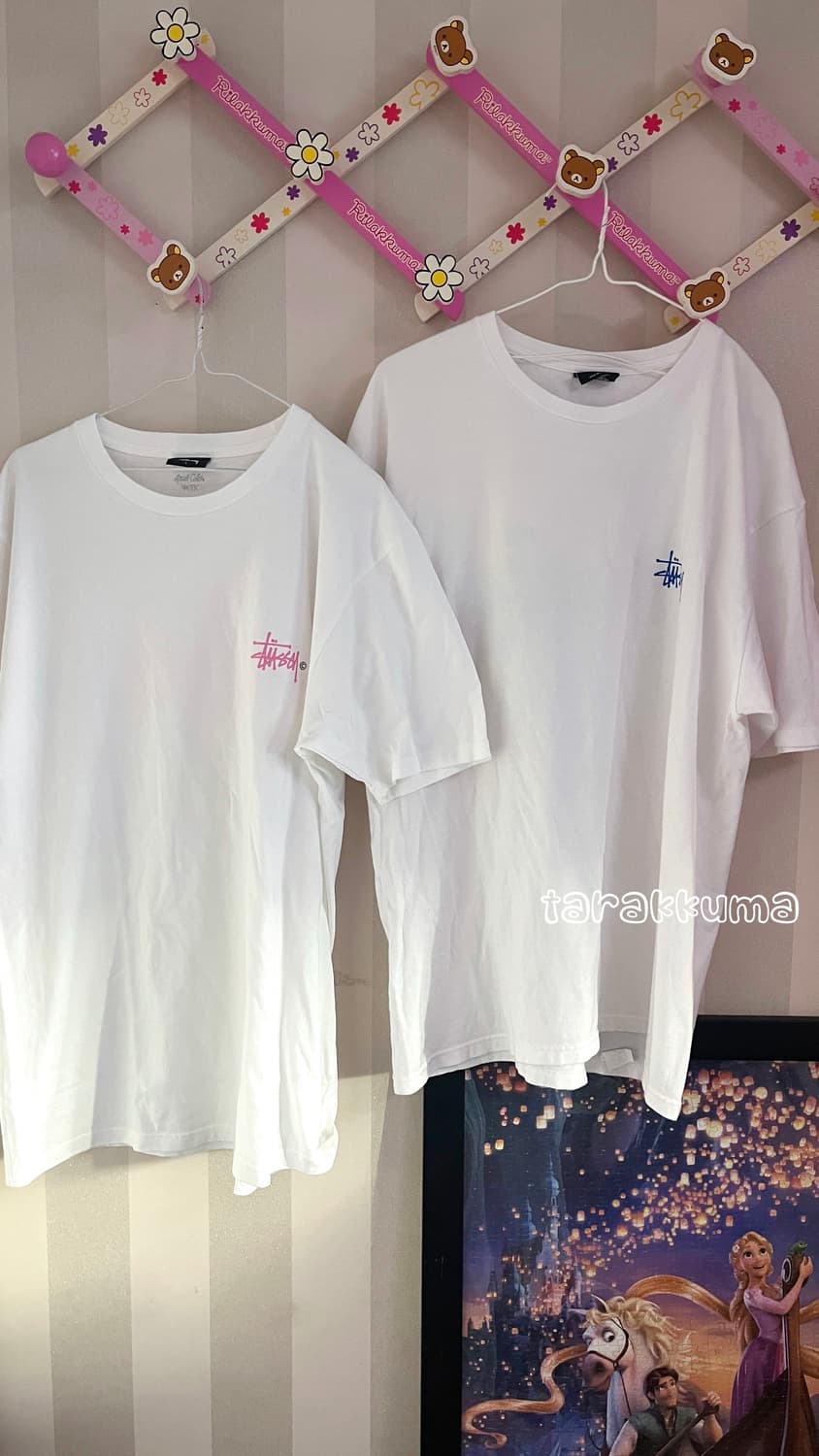 Stussy스투시 흰핑 흰파 오버핏 반팔티 핑크 파랑 커플룩 빈티지 일본 상품이미지2