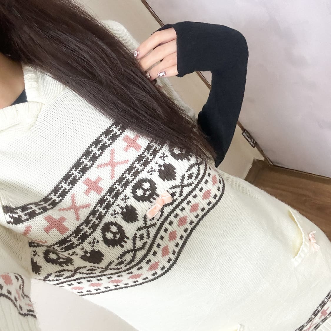 빈티지 딸기초코 핑크 브라운 해골 니트 원피스 히메갸루 로걀 라떼 달천깔 상품이미지1