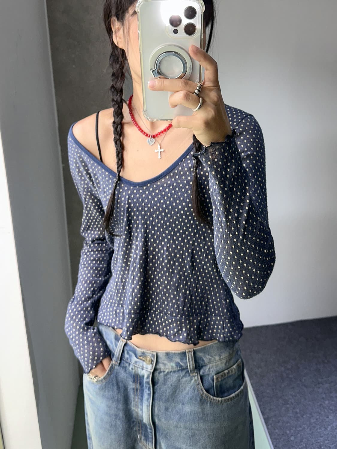 navy dot back hole top 상품이미지5