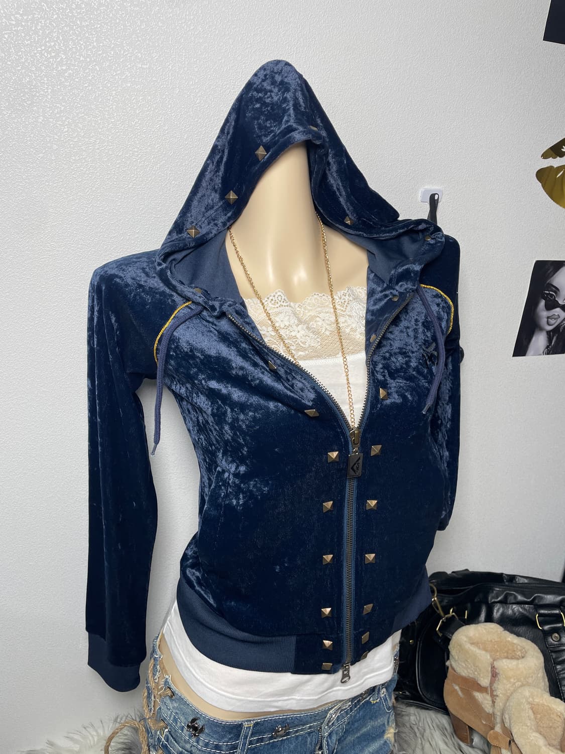 빈티지 PONY 스터드 네이비 벨벳 후드집업 상품이미지6