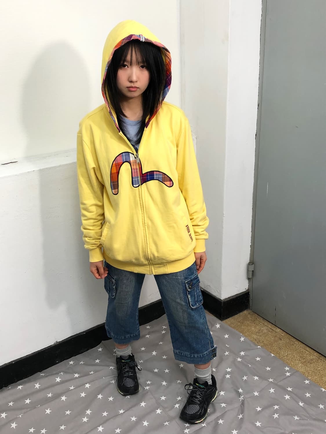 M EVISU 에비수 진스 체크 포인트 빅로고 후드집업 상품이미지2