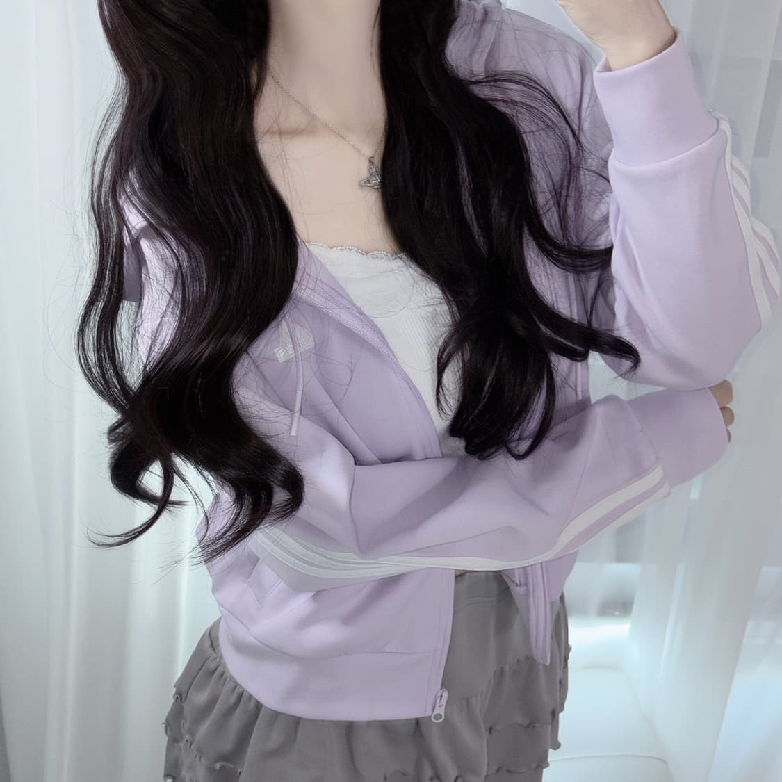 아디다스 퍼플 연보라 아방핏 삼선 반크롭 후드집업 s 상품이미지1