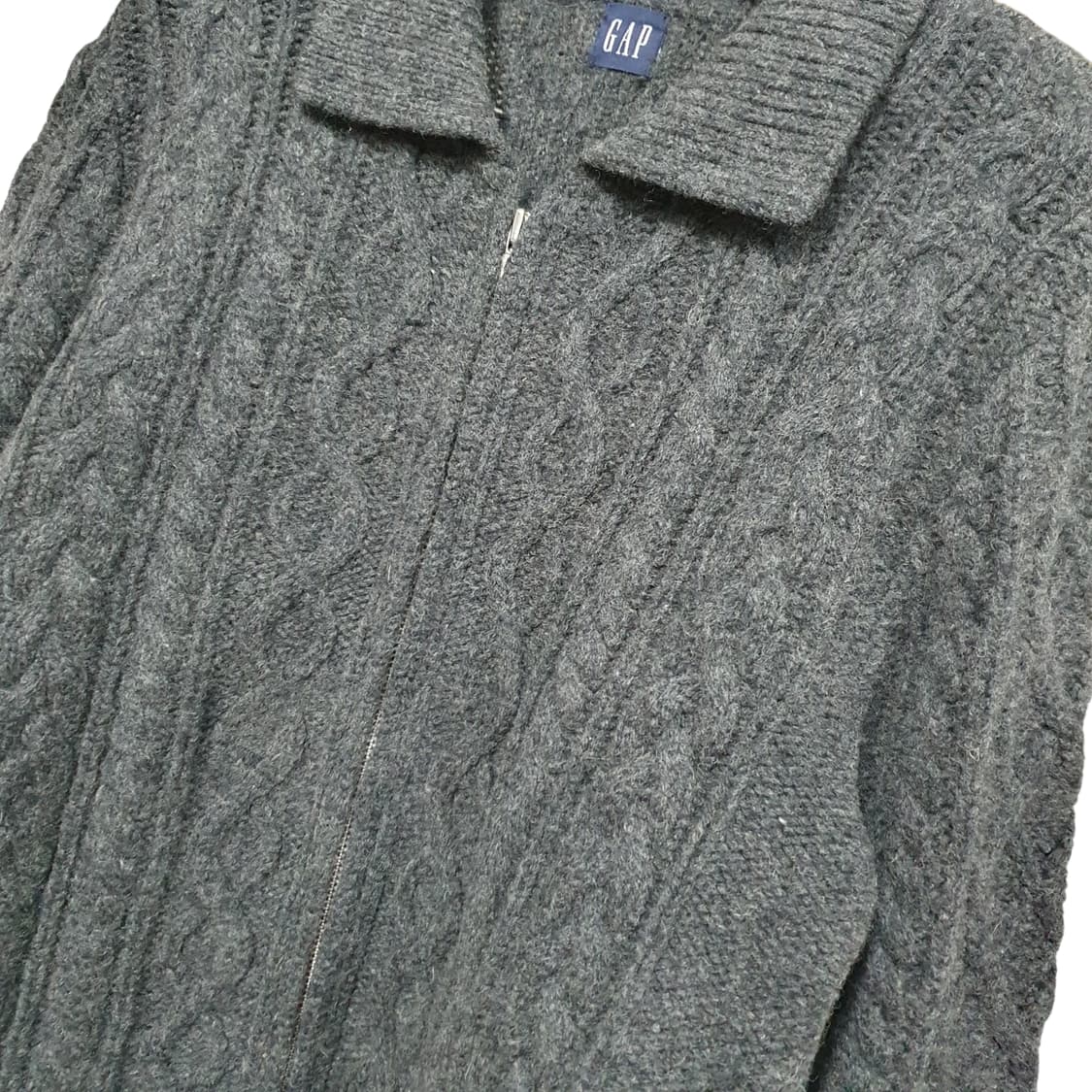 빈티지 갭 100%램스울 케이블 니트 집업 그레이 아메카지 상품이미지8