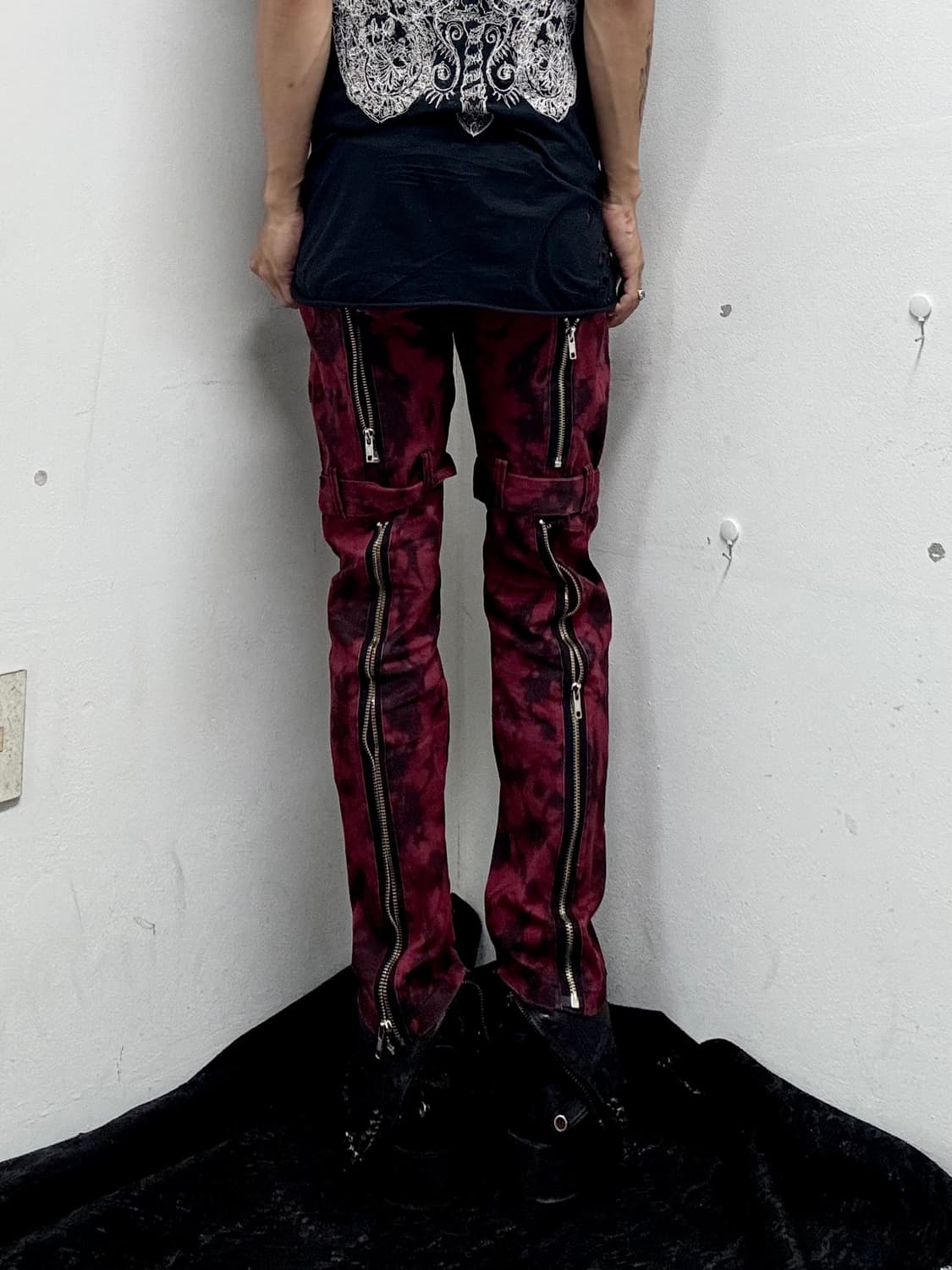 Punk Red Bleach Washing Zipper Detail Bo 상품이미지10