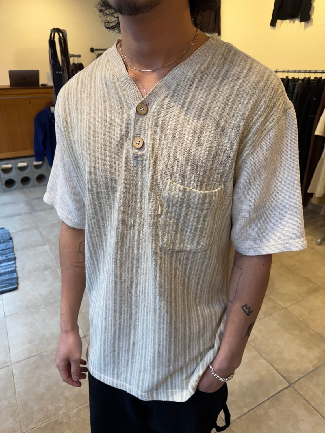 Beige Striped Henley Neck Shirt 상품이미지1