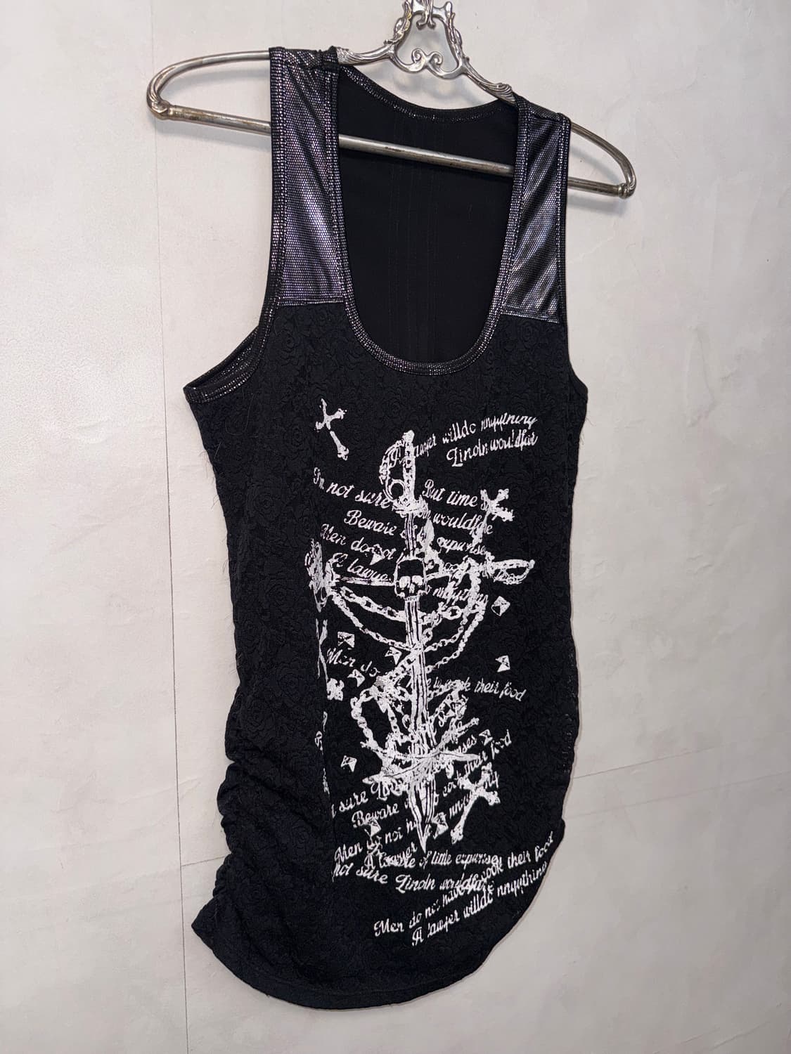 Black skull printing lace shirring ops 상품이미지3