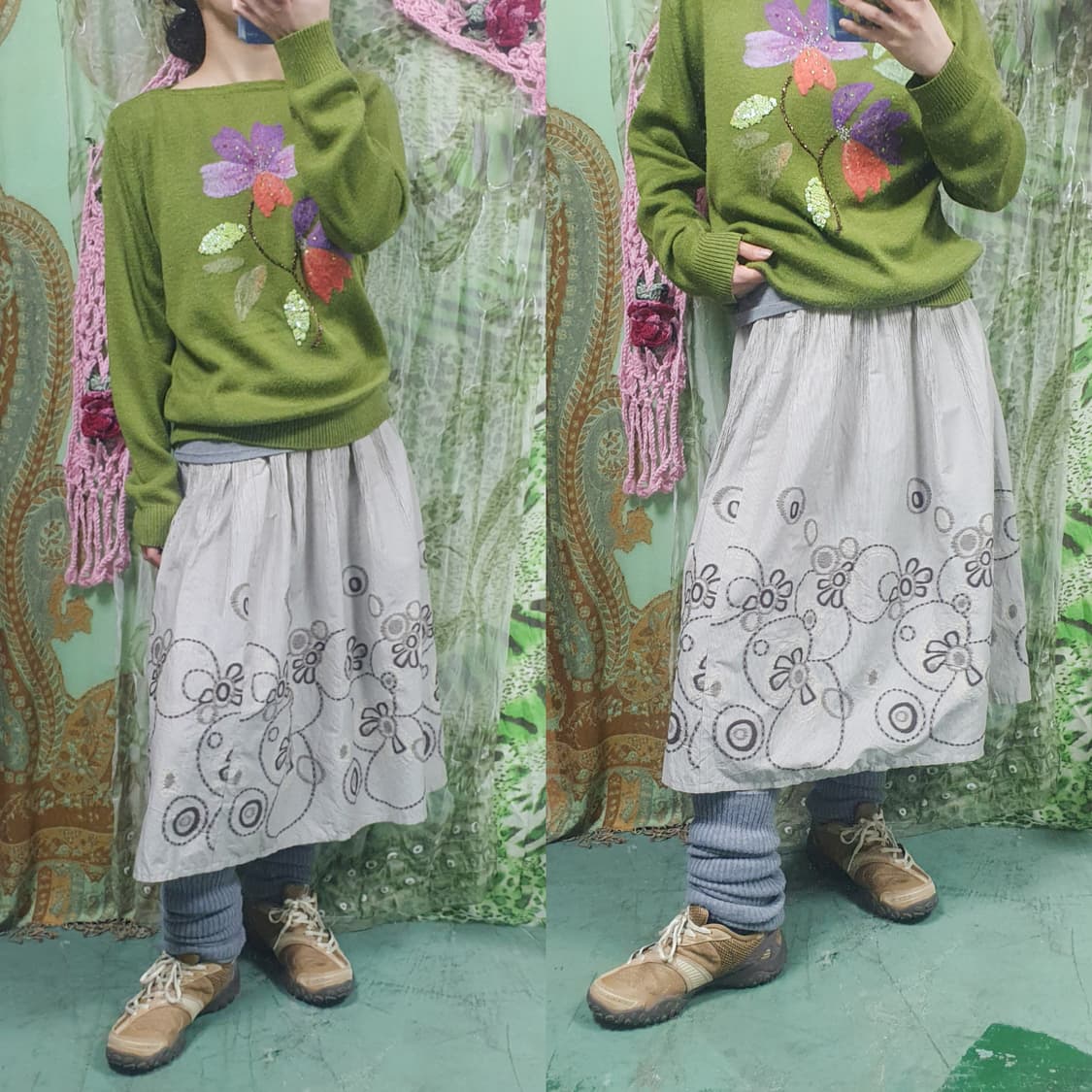 플로럴 자수 밴딩 미디 스커트 라이트 브라운 상품이미지1