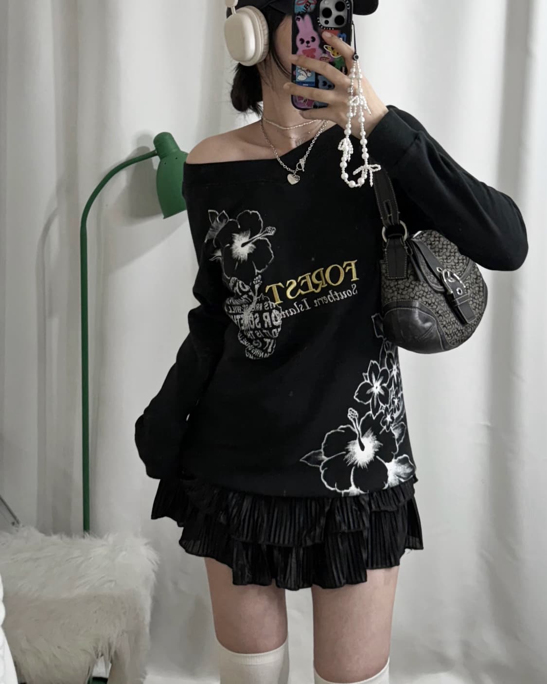 블랙 키치 레터링 오프숄더 맨투맨 원피스 상품이미지3