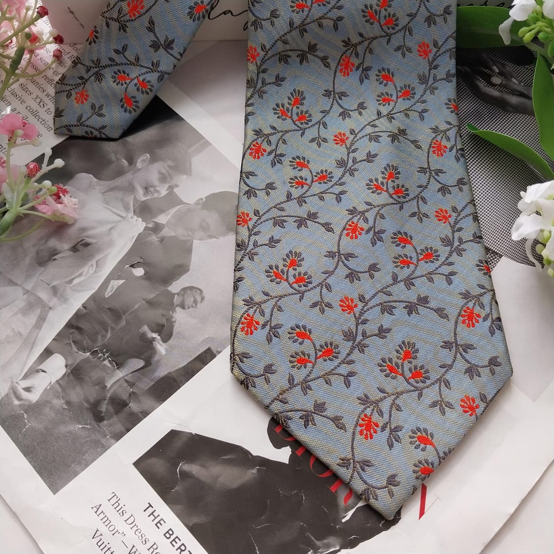 아쿠아스큐텀 실크 블루 플로럴 패턴 넥타이 9.7cm A등급 K2166 상품이미지8