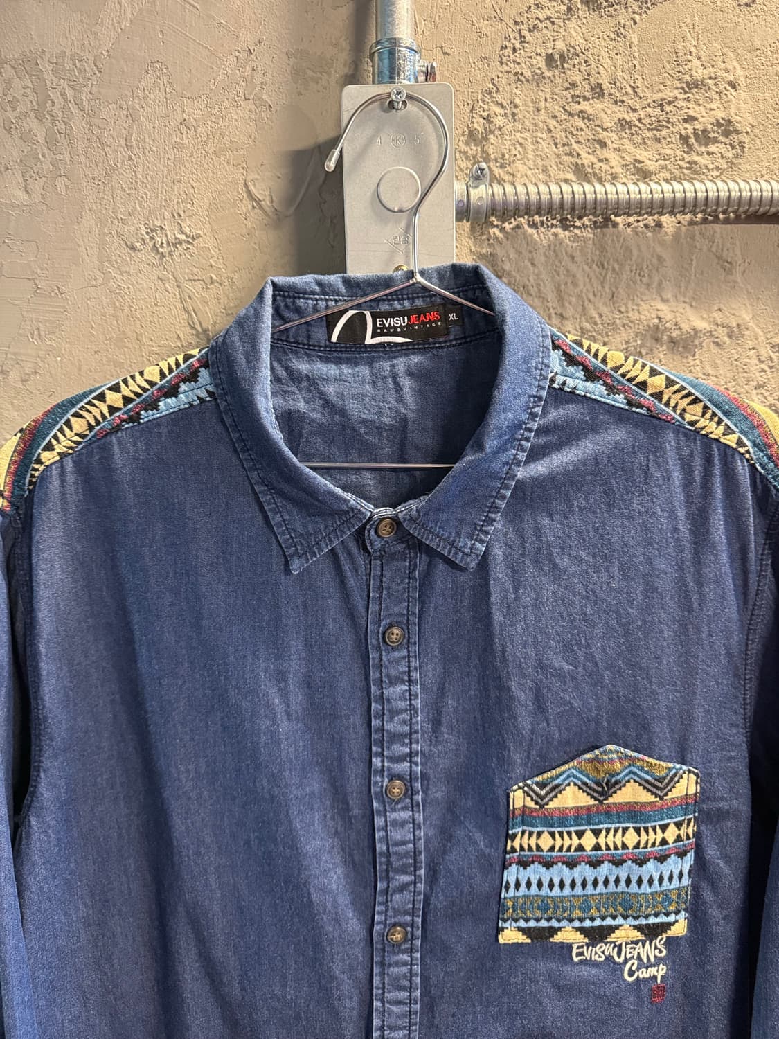 에비수 EVISU 에스닉 패치워크 데님 셔츠 인디고 XL 상품이미지4
