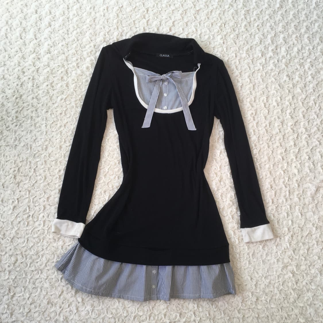 navy ribbon layered slim shirt one-piece 상품이미지7