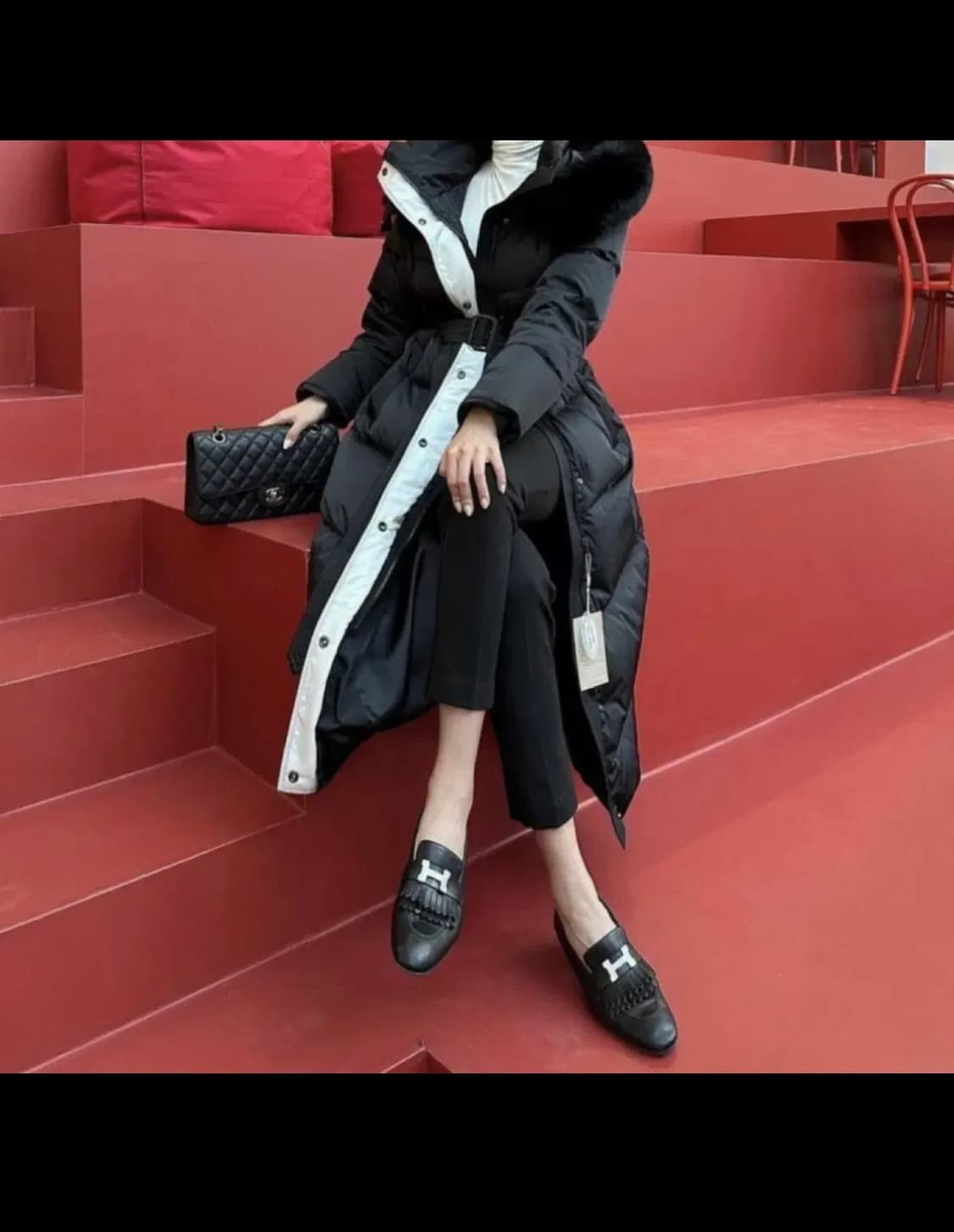 사가폭스퍼 배색 롱패딩 (오리털100, 착샷o) 상품이미지2