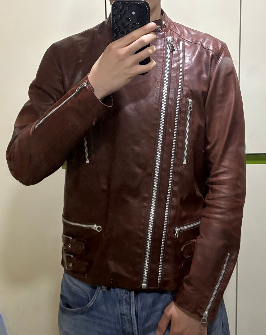 (L) 타케오 키쿠치 레드 브라운 레더 자켓 상품이미지1