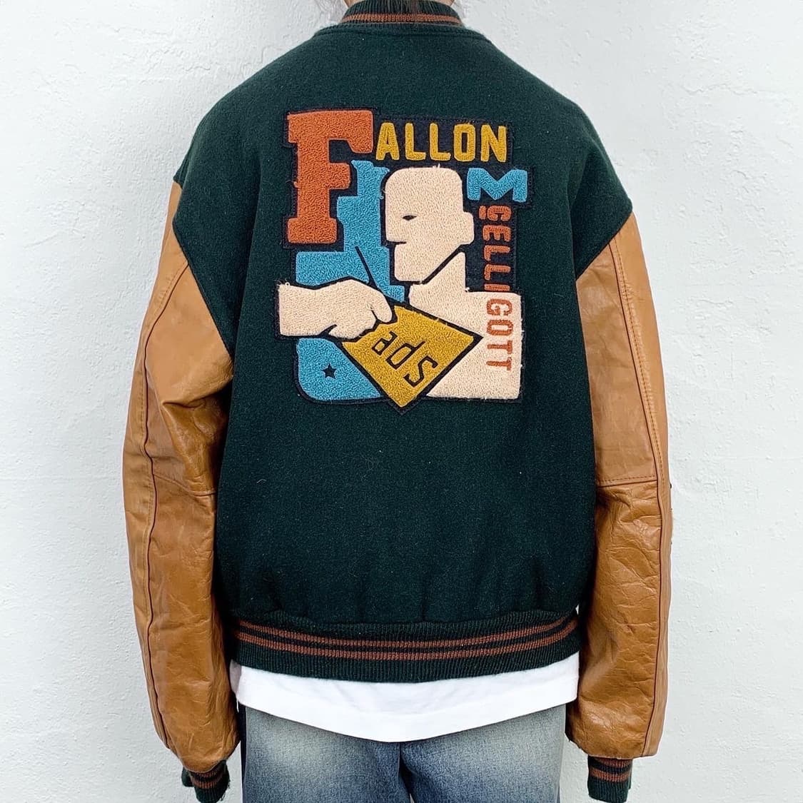 빈티지 그린 레더 와펜 바시티 자켓 상품이미지1