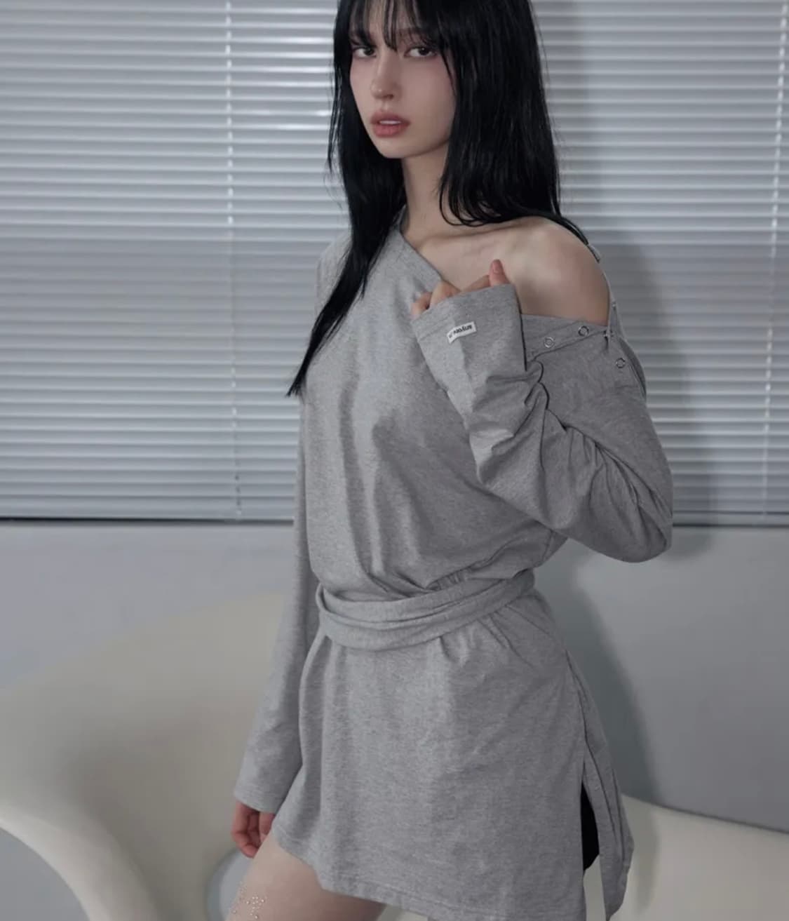 Wrap-Tie Long Sleeve Tee Melange Gray 상품이미지4