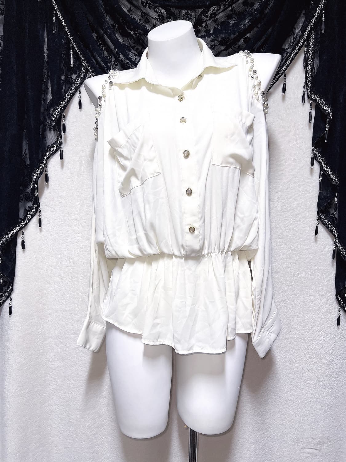 잉그니 진주 숄더트임 쉬폰블라우스 셔츠 튜닉 로맨틱갸루 히메 로걀탑 핀터 상품이미지6