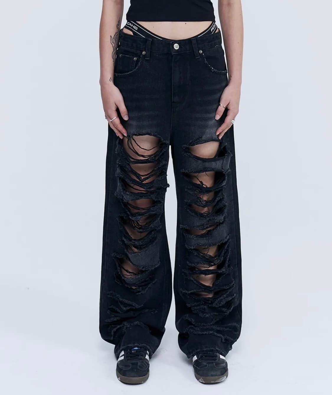 [새상품] 락케이크 피아 데미지 와이드 진 블랙 XS 상품이미지1