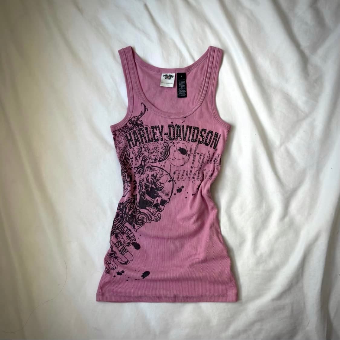 할리데이비슨 큐빅 스컬 타투프린팅 더스티핑크 슬리브리스 나시 y2k 펑크 상품이미지1
