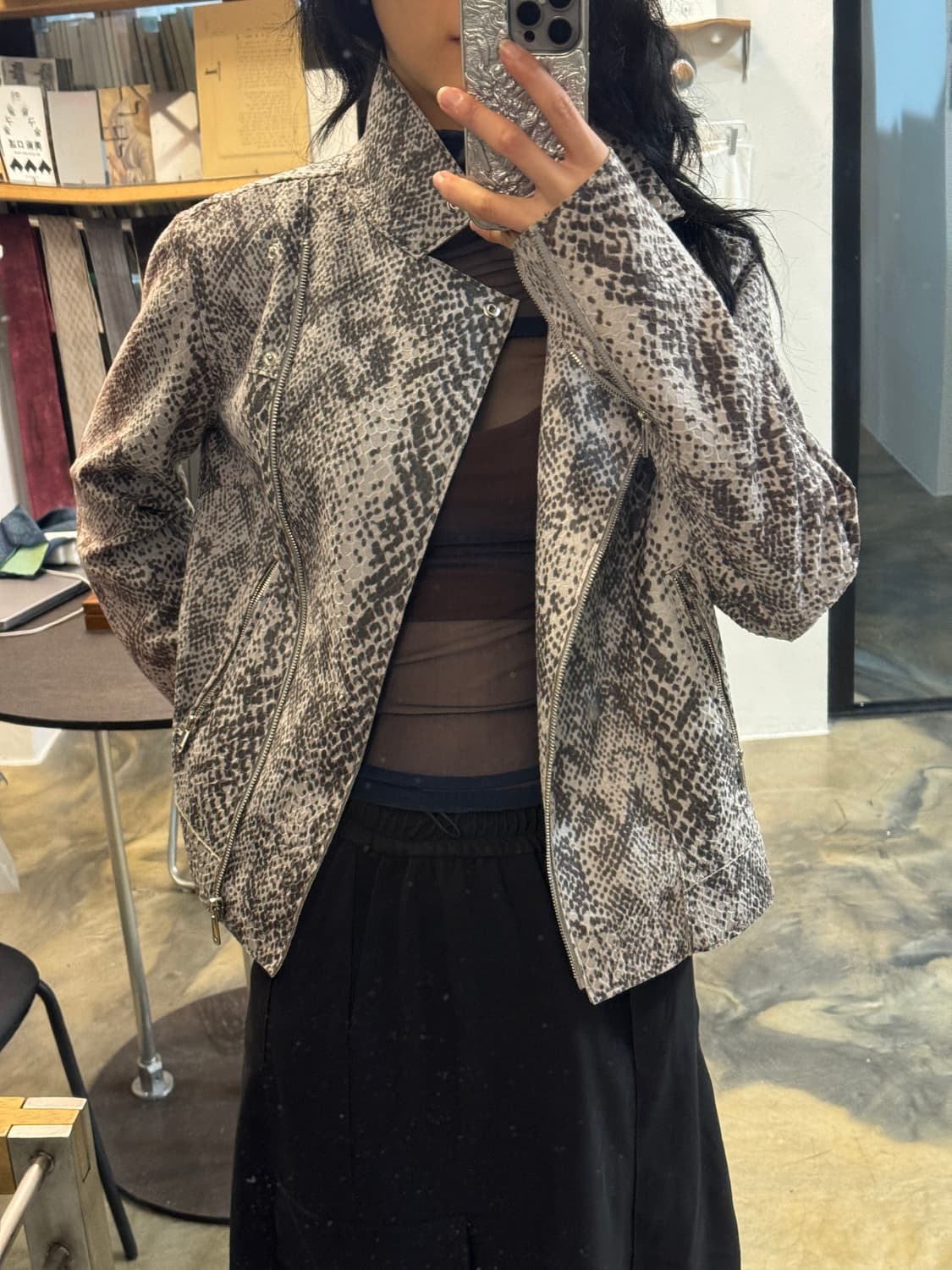 레오파드 하이넥 라이더 자켓 상품이미지5