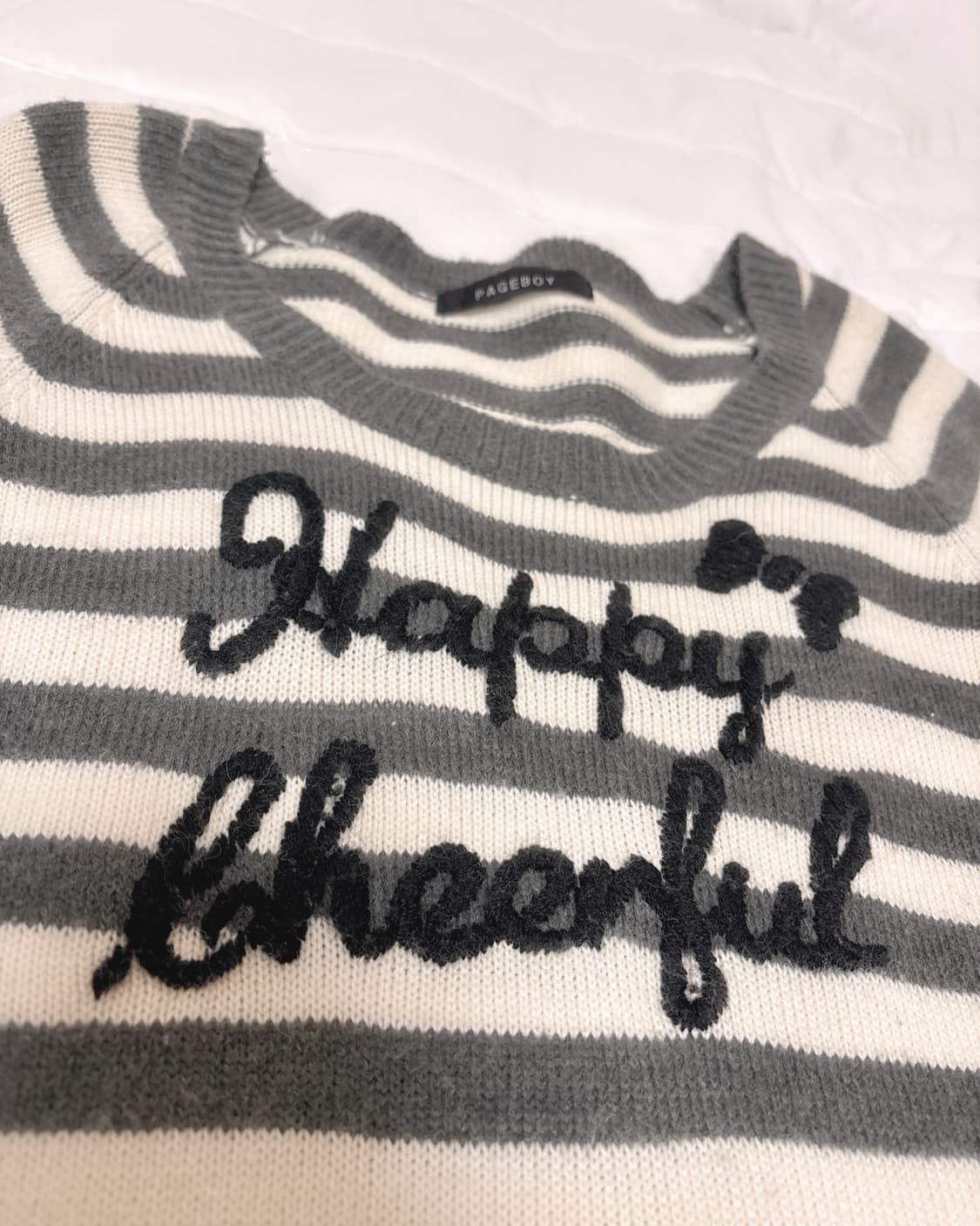 히메갸루 러블리 스트라이프 그레이 오프숄더 니트 상품이미지2