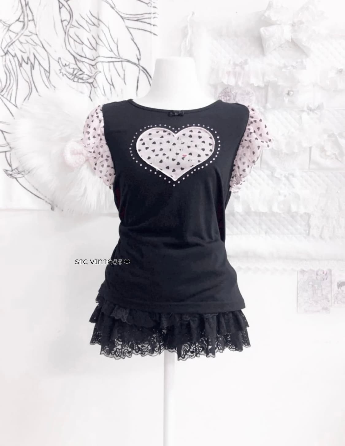 히메갸루 블랙핑크 하트 반팔 티셔츠 상품이미지1