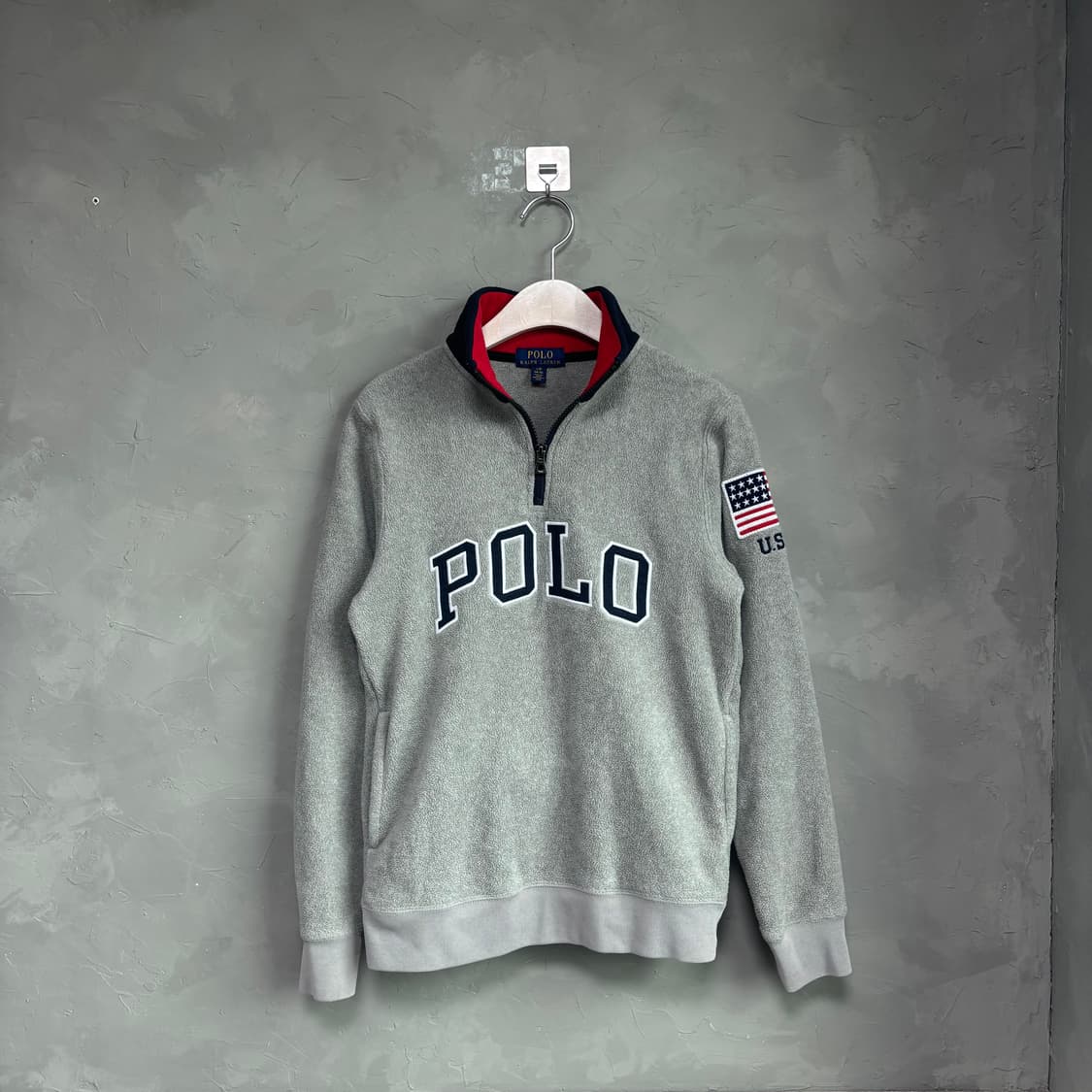 폴로 랄프로렌 빅로고 성조기 후리스 반집업 그레이 상품이미지1