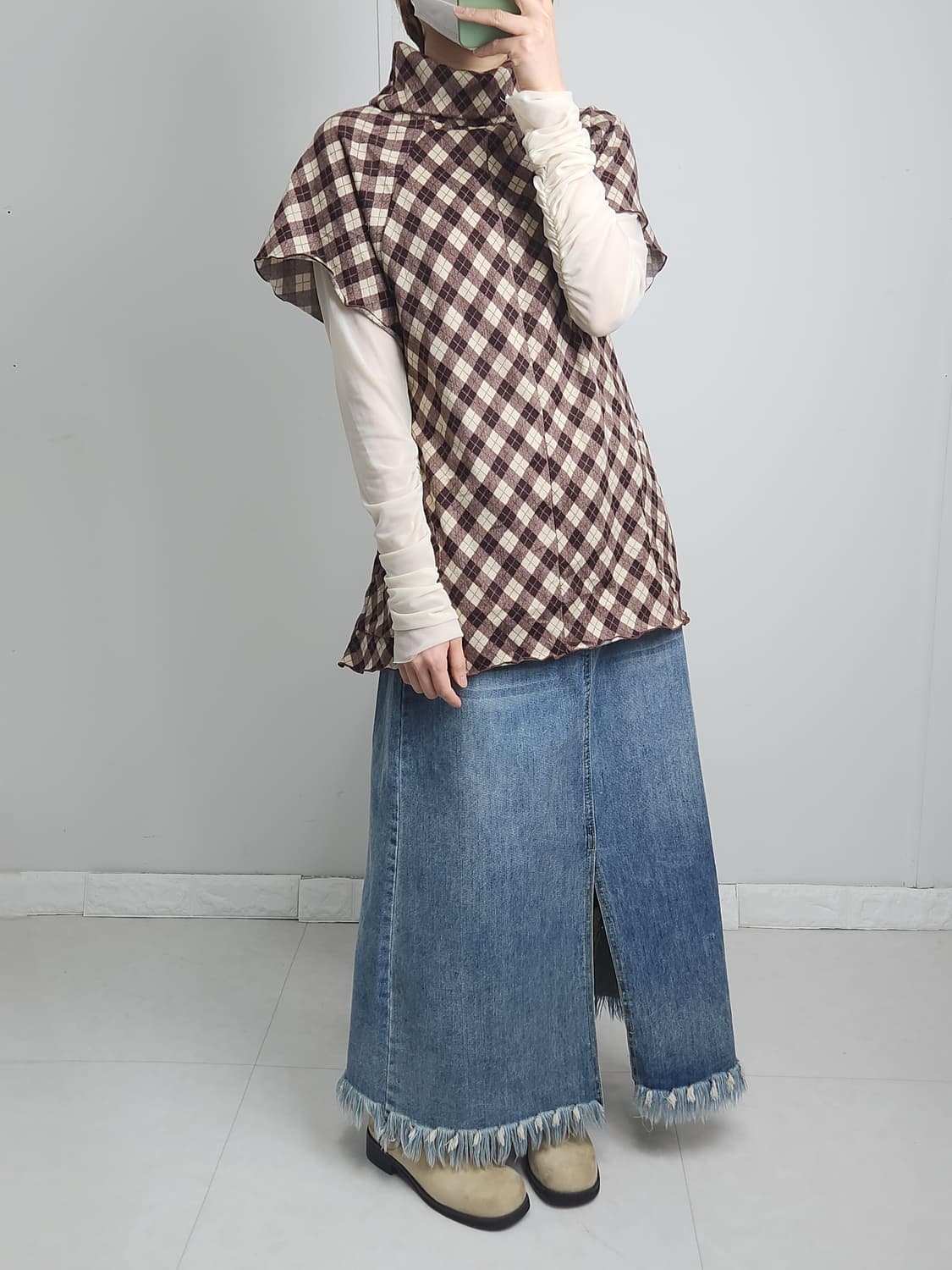 반소매 체크 탑 상품이미지3