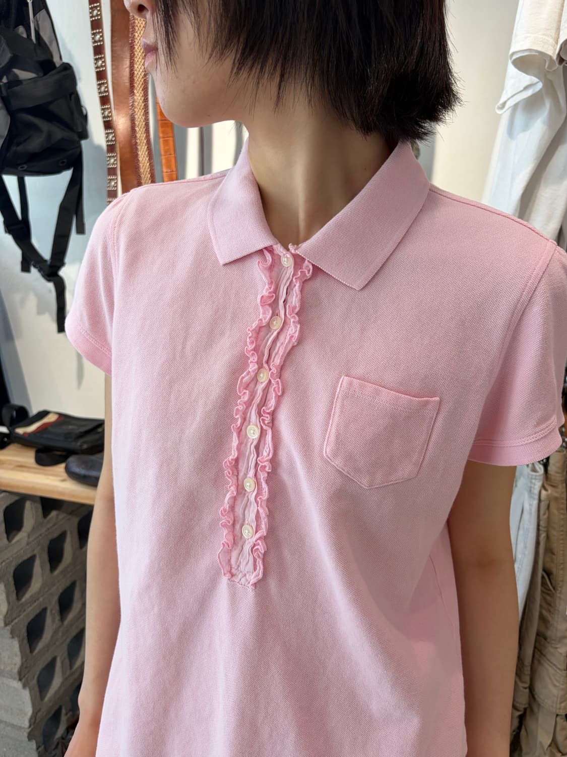 POLO JEANS 핑크 러플 반팔 카라 티셔츠 L 상품이미지1